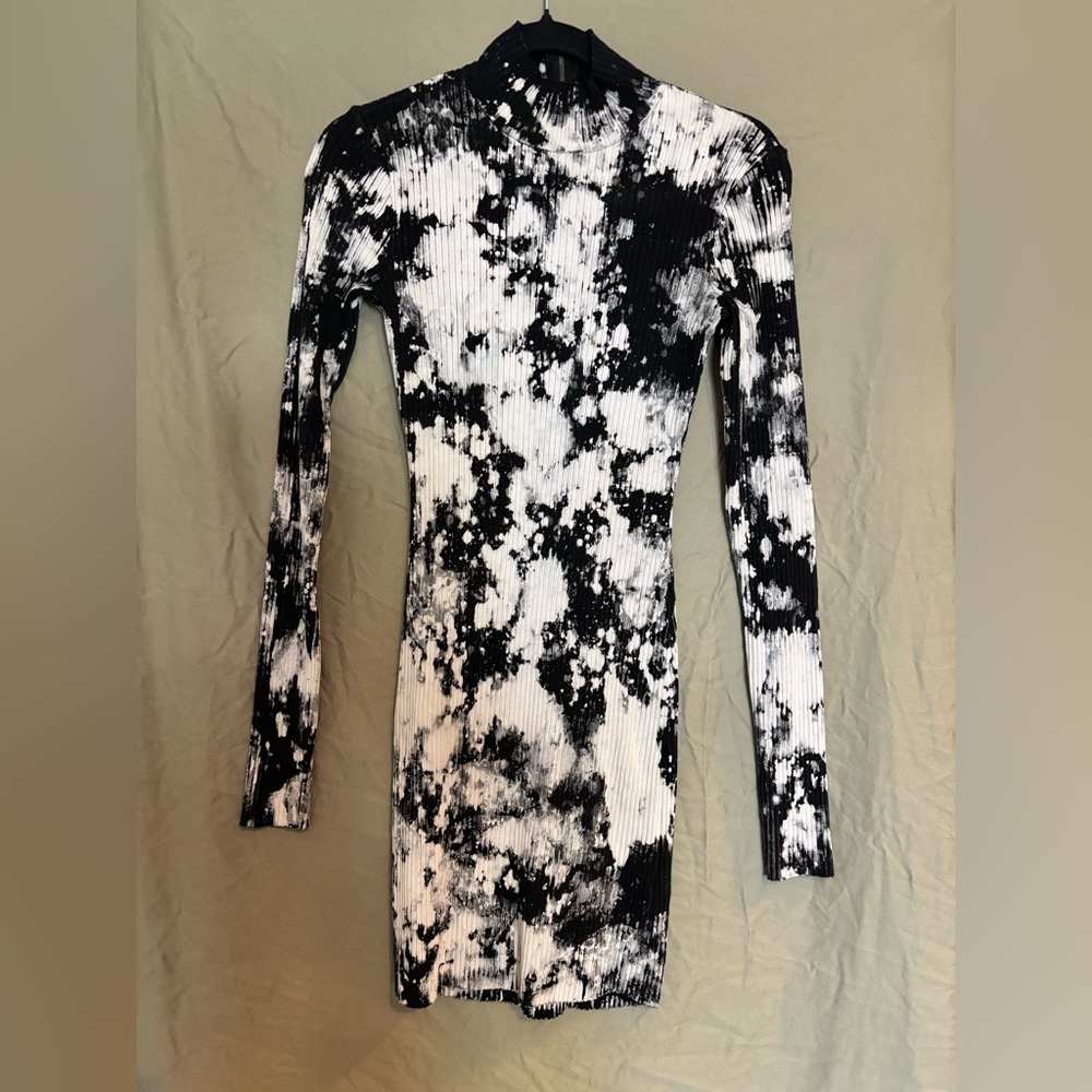 Cotton Citizen Black and White Tie-Dye Long Sleeve Dress